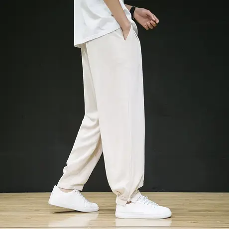 亚麻裤男士中国风男装冰丝垂感阔腿裤子新中式唐装束脚裤宽松长裤商品大图