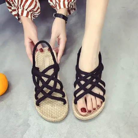 草编麻绳凉鞋女学生百搭2023年新款夏季ins潮平底仙女风罗马编织图片