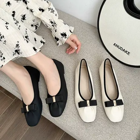 单鞋女瓢鞋温柔晚晚鞋2023年新款平底孕妇豆豆鞋蝴蝶结浅口奶奶鞋商品大图