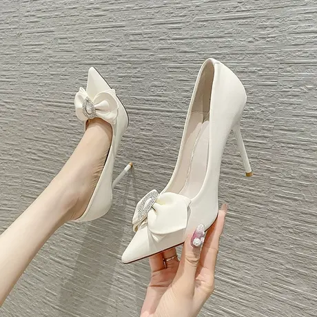 蝴蝶结高跟鞋女2023年春季新款气质百搭名媛水钻宴会细跟尖头单鞋商品大图