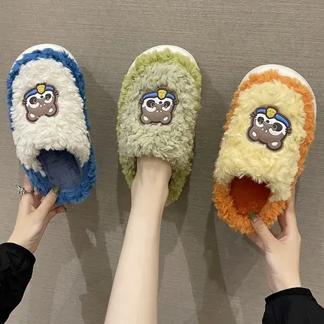 棉拖鞋女秋冬季可爱小浣熊厚底情侣室内居家毛绒保暖防滑包头拖鞋商品大图