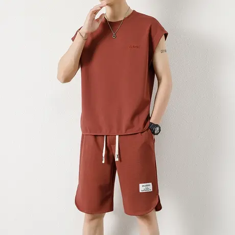 无袖t恤男夏季刺绣背心短裤休闲运动两件套衣服男士帅气穿搭套装T商品大图