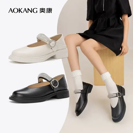 奥康女鞋 春秋款女士真皮玛丽珍单鞋小皮鞋气质粗跟仙女黑图片
