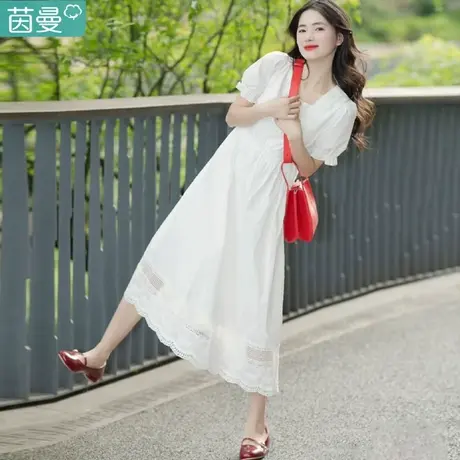 茵曼官方旗舰店法式连衣裙2023女装新款可甜茶歇夏天裙子白色长裙商品大图