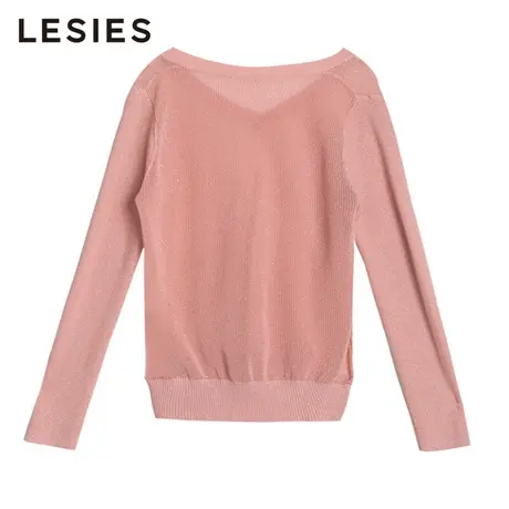 LESIES蓝色倾情春女装线下专柜商场款V领套头亮丝长袖针织衫图片