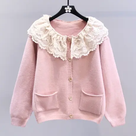 日系蕾丝拼接娃娃领毛衣外套女秋冬2023新款宽松减龄百搭针织开衫图片