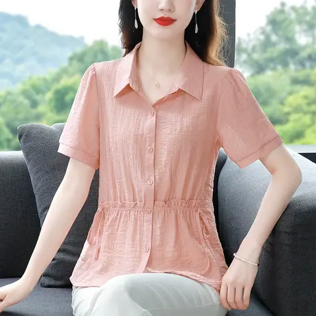 短袖女士衬衫2023年夏季新款宽松收腰肌理感气质减龄薄款棉麻小衫商品大图