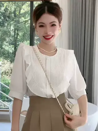 荷叶边圆领衬衫女2023夏季新款法式泡泡袖小个子减龄百搭气质上衣商品大图