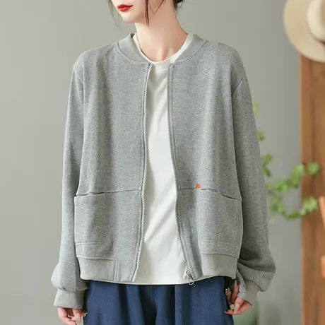 dza 复古纯色全棉短款休闲外套女春秋新款棒球服百搭运动长袖上衣图片