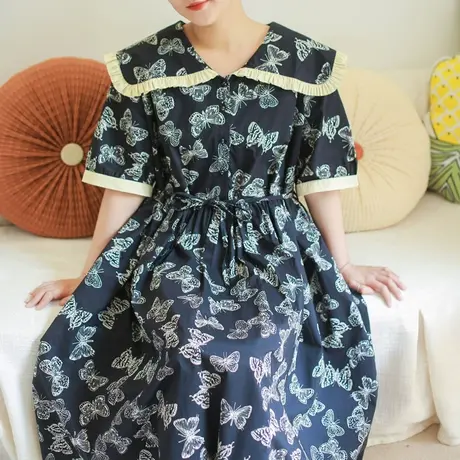 胖妹妹夏2023新品棉质印花短袖连衣裙大码撞色花边领文艺宽松长裙商品大图