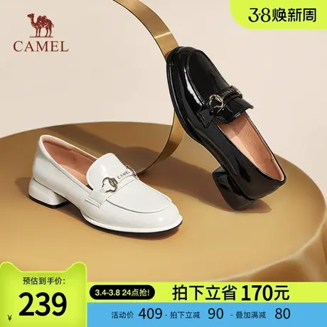 骆驼女鞋2024春季时尚秀气圆头粗跟小皮鞋百搭时尚通勤舒适乐福鞋图片