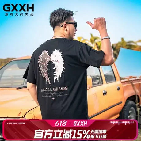 GxxH大码男装夏季新款宽松短袖T恤男士半袖休闲翅膀印花圆领上衣图片