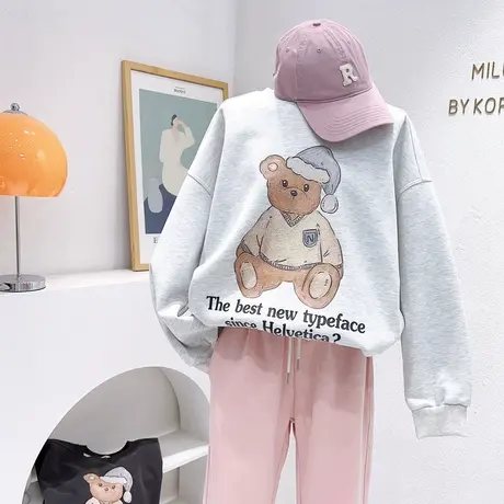 韩国东大门上衣23春季新款ins小熊慵懒温柔休闲套头长袖卫衣宽松商品大图