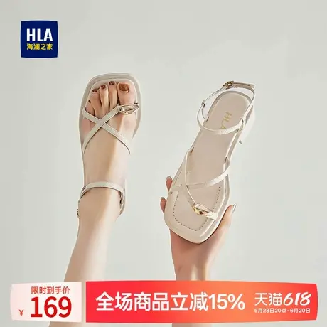 HLA/海澜之家时尚低跟夹趾凉鞋女2024夏季新款夹脚细带罗马鞋防滑商品大图