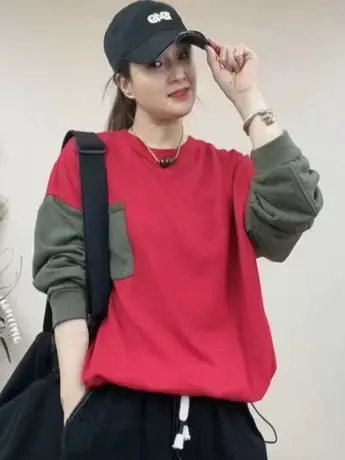 秋季新款撞色口袋圆领长袖卫衣宽松休闲百搭显瘦套头衫外穿上衣潮商品大图