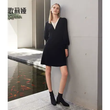 歌莉娅小黑裙秋季新款法式气质天丝桑蚕丝V领黑色连衣裙1A9C4G150图片