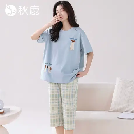 秋鹿【带胸垫】睡衣女士夏季纯棉圆领短袖七分裤外穿家居服套装商品大图