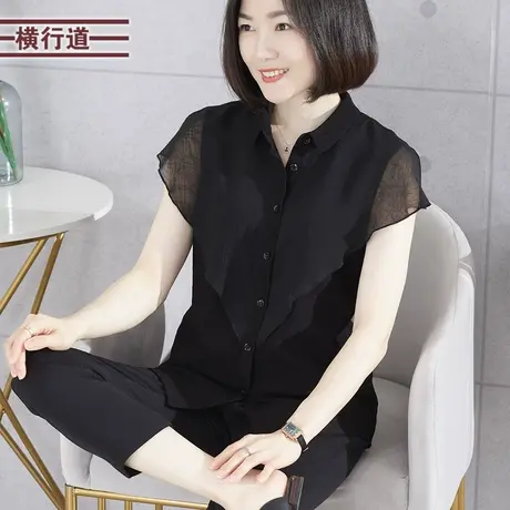 衬衫领雪纺飞袖衬衣2023新款翻领纯色宽松开衫拼接洋气短袖女上衣图片