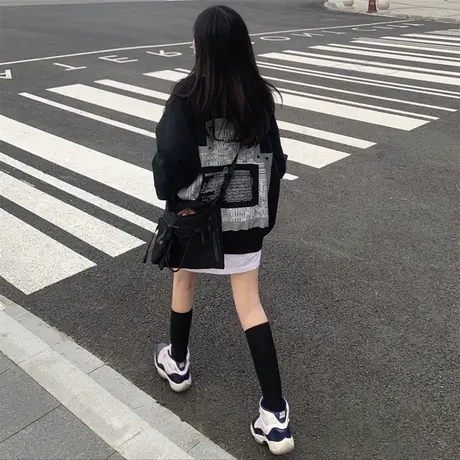 美式vintage炸街大码卫衣宽松纯棉秋季薄款hiphop潮牌圆领上衣女图片