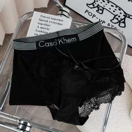 暗夜萝莉~冰丝情侣内裤黑色抑菌夏季一男一女性感蕾丝三角平角裤商品大图