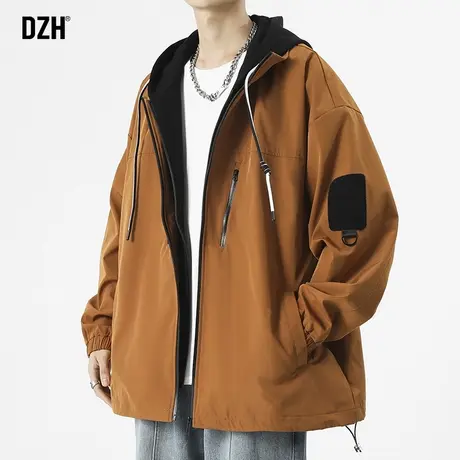 男士咖啡色假两件外套男春秋款潮牌连帽上衣宽松休闲夹克2023新款商品大图