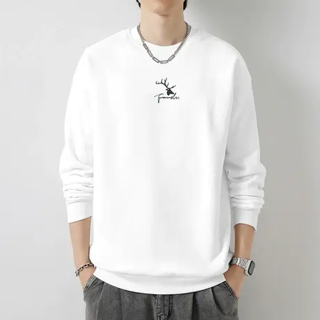 重磅卫衣纯棉男圆领长袖t恤秋冬款摇粒绒白色无帽上衣服宽松潮流商品大图