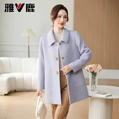 雅鹿中长款妈妈外套女款2025秋冬新款翻领宽松休闲中老年毛呢大衣图片