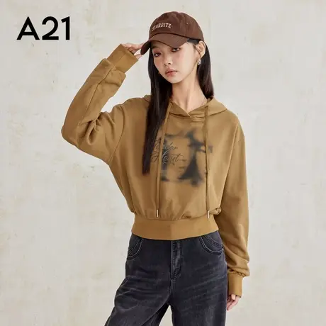 A21女装针织连帽落肩套头上衣2025新款简约运动短款无绒底卫衣图片