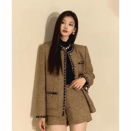 爵莱菲大码法式复古小香风外套女秋季羊毛混纺粗花呢织带上衣胖mm图片