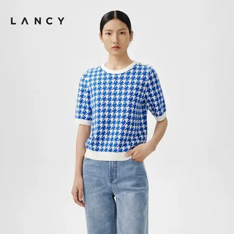 [朗姿奥莱]LANCY/朗姿春季新款蓝色短袖羊毛针织衫女气质短款T恤商品大图