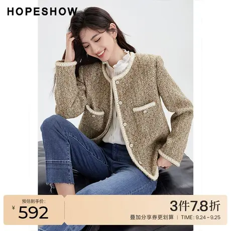 红袖outlets圆领贴袋设计香风外套hopeshow2023冬新款老钱风上衣商品大图