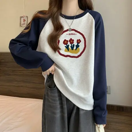 chic复古港味拼接长袖卫衣女春秋装薄款宽松百搭插肩袖圆领上衣服图片