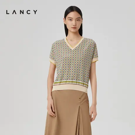 [朗姿奥莱]【真丝】LANCY/朗姿春季新款通勤印花圆V领落肩袖套头商品大图