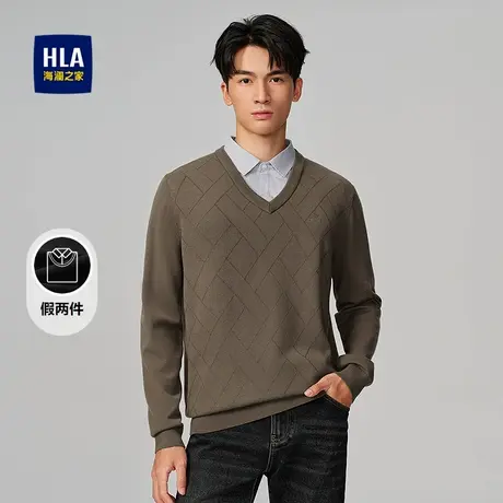 HLA/海澜之家休闲双领针织衫2025秋新款修身套头假两件印花毛衣男图片