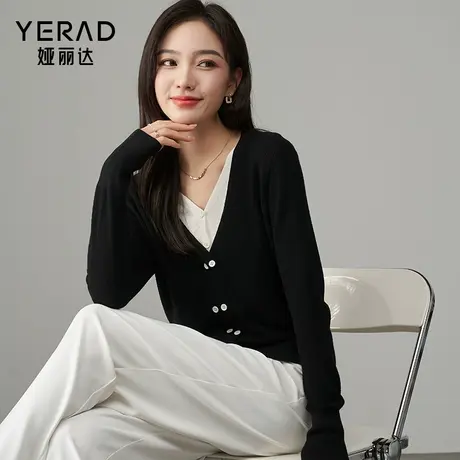 娅丽达设计感假两件羊毛针织衫女2024秋新款开衫宽松短款外穿上衣商品大图