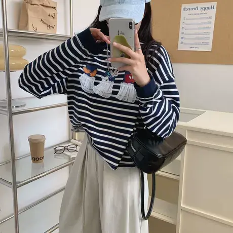 2025秋季新款[条纹印花]韩版宽松显瘦百搭条纹长袖卫衣女休闲上衣商品大图