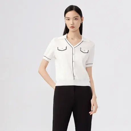 LANCY/朗姿夏季金丝撞色小香风翻领套头衫女短袖针织衫商品大图
