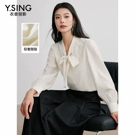【直播】衣香丽影白色飘带醋酸雪纺衫女秋装高级感刺绣法式上衣商品大图