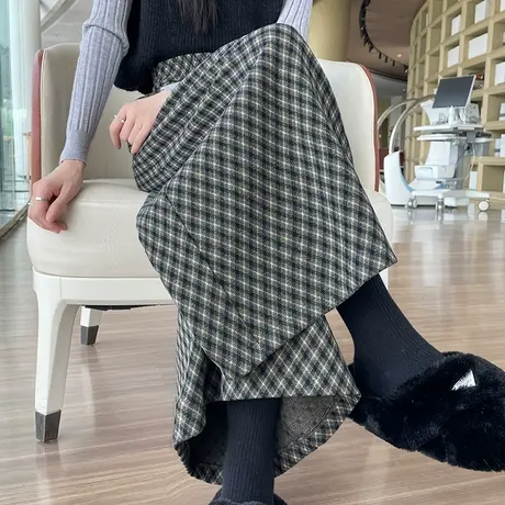 黑白格子毛呢裙裤女秋冬高腰宽松垂感八九分小个子休闲阔腿裤裙子商品大图
