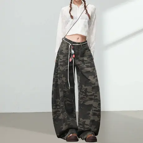 迷彩弯刀牛仔裤女秋季新款美式复古高腰宽松拖地加长显瘦阔腿裤子图片