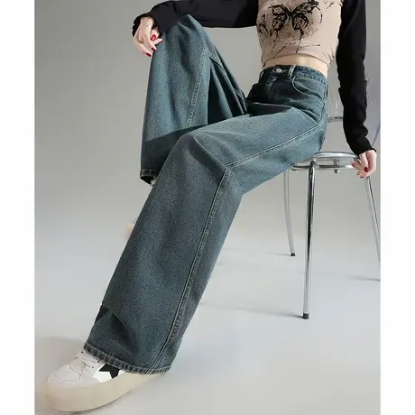 唐狮春季新款女牛仔裤阔腿裤宽松水洗显瘦复古时尚潮流裤子女TD商品大图