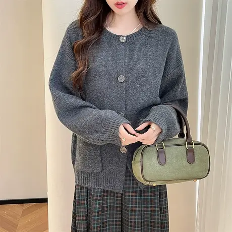 唐狮秋冬季女毛衣简约风复古圆领开衫百搭极简红色费尔岛外套TD图片