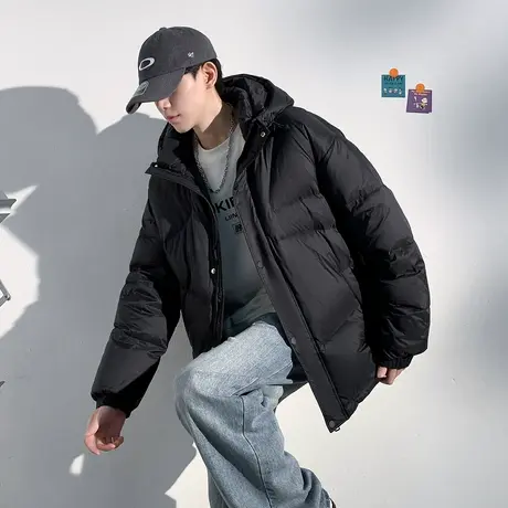 唐狮冬季新款男士羽绒服蓬松保暖黑色连帽面包服潮流男装宽松TD商品大图