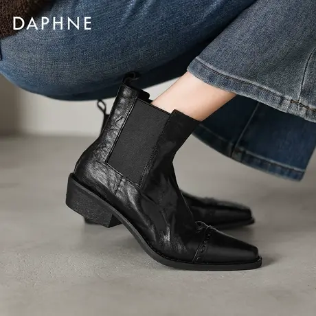 达芙妮尖头短靴女2025新款粗跟切尔西瘦瘦靴黑色加绒马丁靴女鞋子商品大图