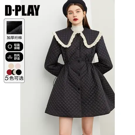 DPLAY冬新款甜美拼色娃娃领菱型格棉服小个子短款大摆外套图片