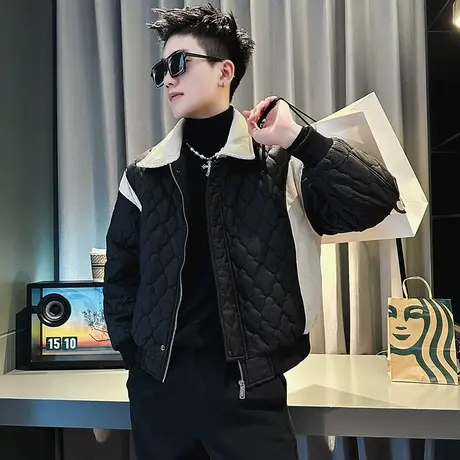2022冬季时尚休闲色条纹菱形格个性日系潮牌学生棉服男士棉衣外套图片