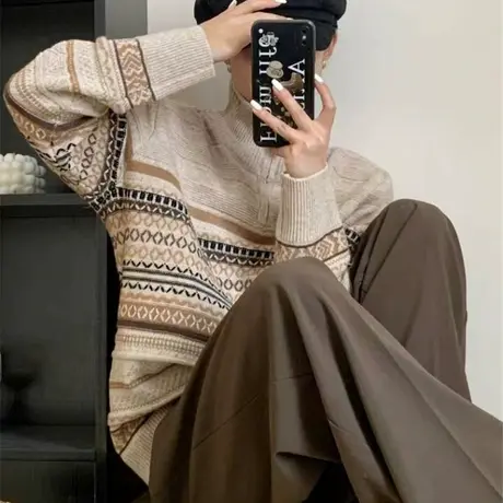 立领复古民族风毛衣女2023秋冬半拉链新款加厚针织衫宽松打底长袖商品大图