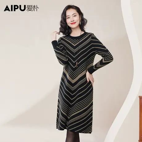 爱朴大码女装冬季新款胖MM洋气时髦条纹撞色休闲收腰显瘦连衣裙女商品大图