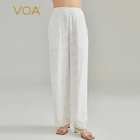 VOA珍珠白双层桑蚕丝自然腰侧口袋植绒提花轻盈透气真丝直筒长裤图片