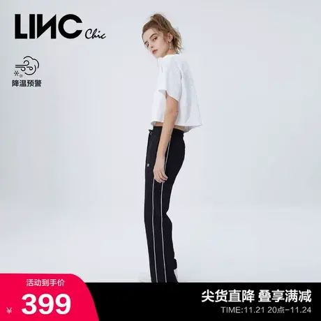 LINCCHIC金羽杰裤子女直筒宽腿感松紧腰休闲黑色长裤女S221PA021商品大图